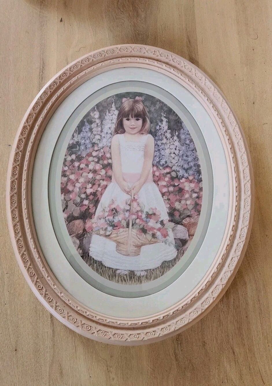 Vintage Home Interiors Oval Wall Frame Featuring Young Girl In A Flower Garden